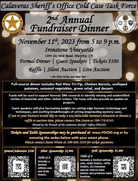 The 2nd Annual Calaveras Sheriff’s Office Cold Case Fundraiser Dinner