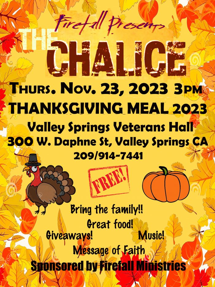 Free Community Thanksgiving Meal 3pm Valley Springs Veterans Hall!