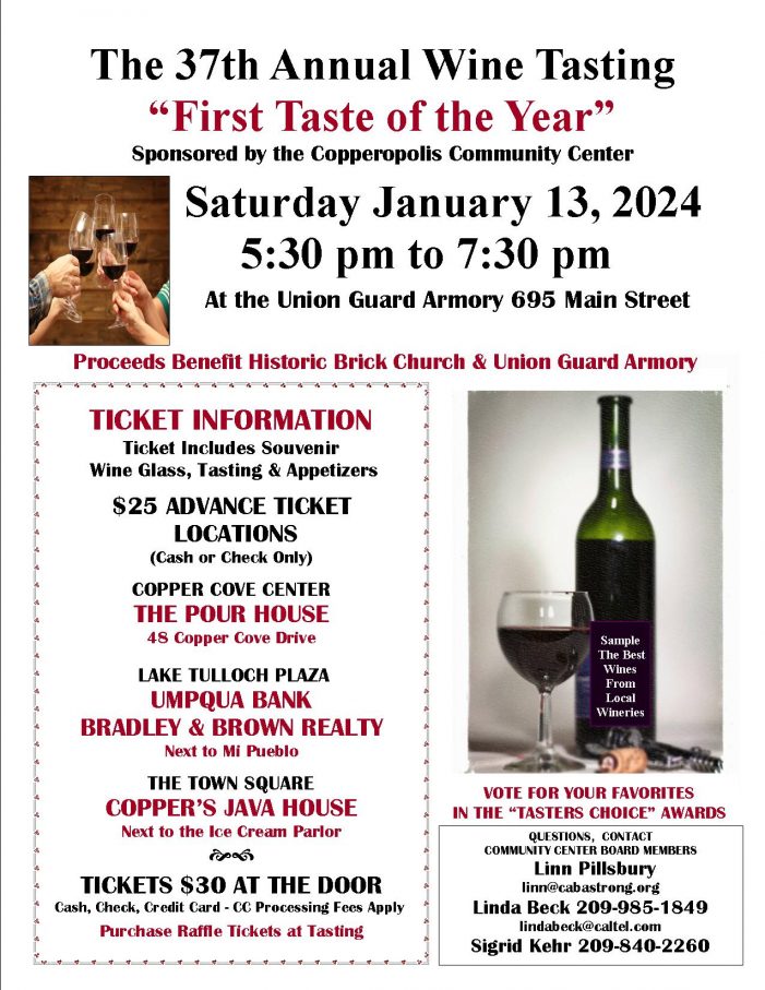 Copperopolis’ 37th Annual “FIRST TASTE OF THE YEAR” Wine Tasting Fundraiser