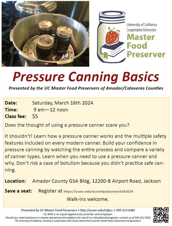 March 16th Pressure Canning Class by UCCE Master Food Preservers of Amador/Calaveras Counties