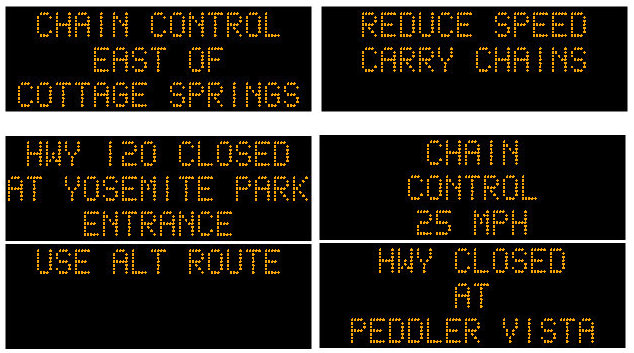 Tuesday Morning Chain Control Update.  Chains on 4 at Cottage, Hwys 88 & 120 Closed