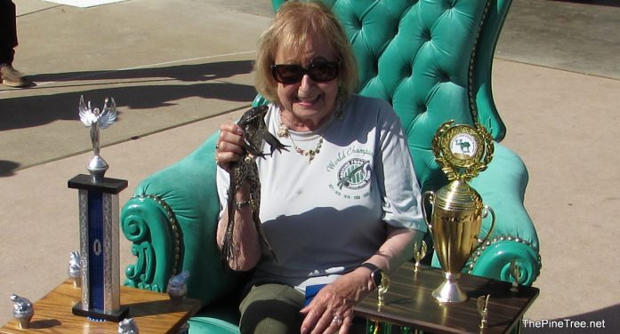 The 2024 Frog Jump Champion is 86 Years Young Lillian Fasano Jockeying “The Frog Father” Jumps 20 Feet, 5 & 1/2 Inches