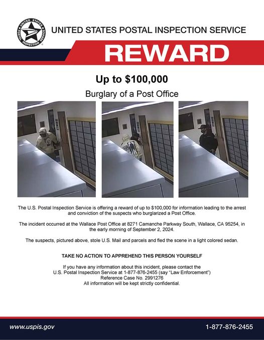 Reward for Arrest for Wallace Post Office Burglars