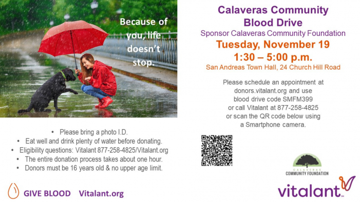 Give Life Saving Blood on November 19th at the Calaveras Community Foundation Blood Drive