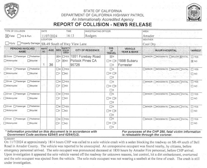 Pollock Pines Man Perishes in Hwy 49 Collision