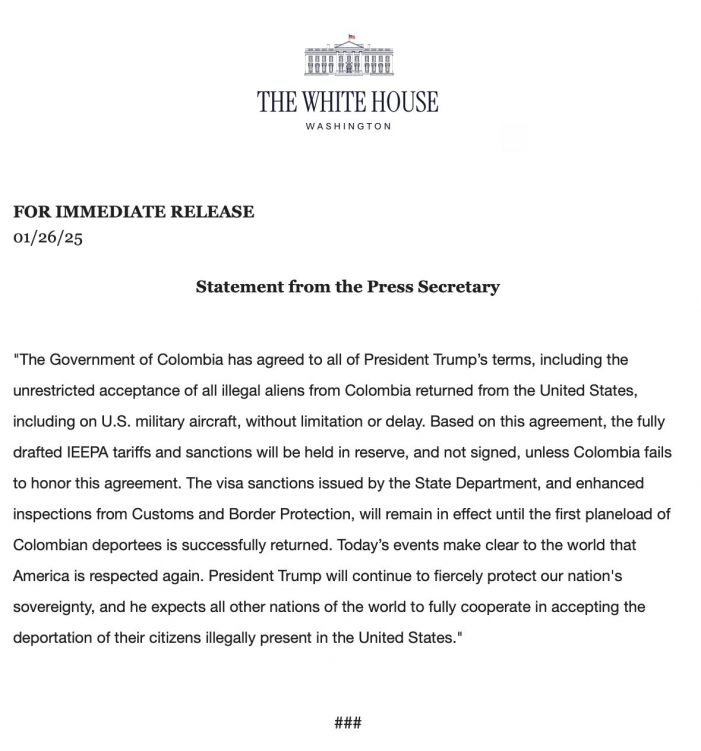 White House Press Secretary on Deportations to Columbia