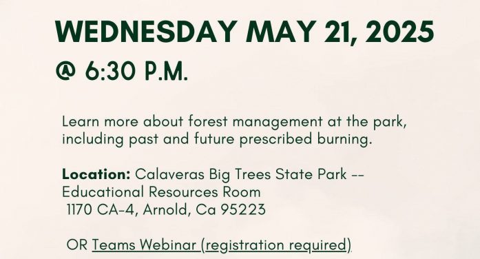 Town Hall at Calaveras Big Trees State Park on Wednesday 21, 2025 at 6:30 p.m. Town Hall at Calaveras Big Trees State Park on Wednesday 21, 2025 at 6:30 p.m.