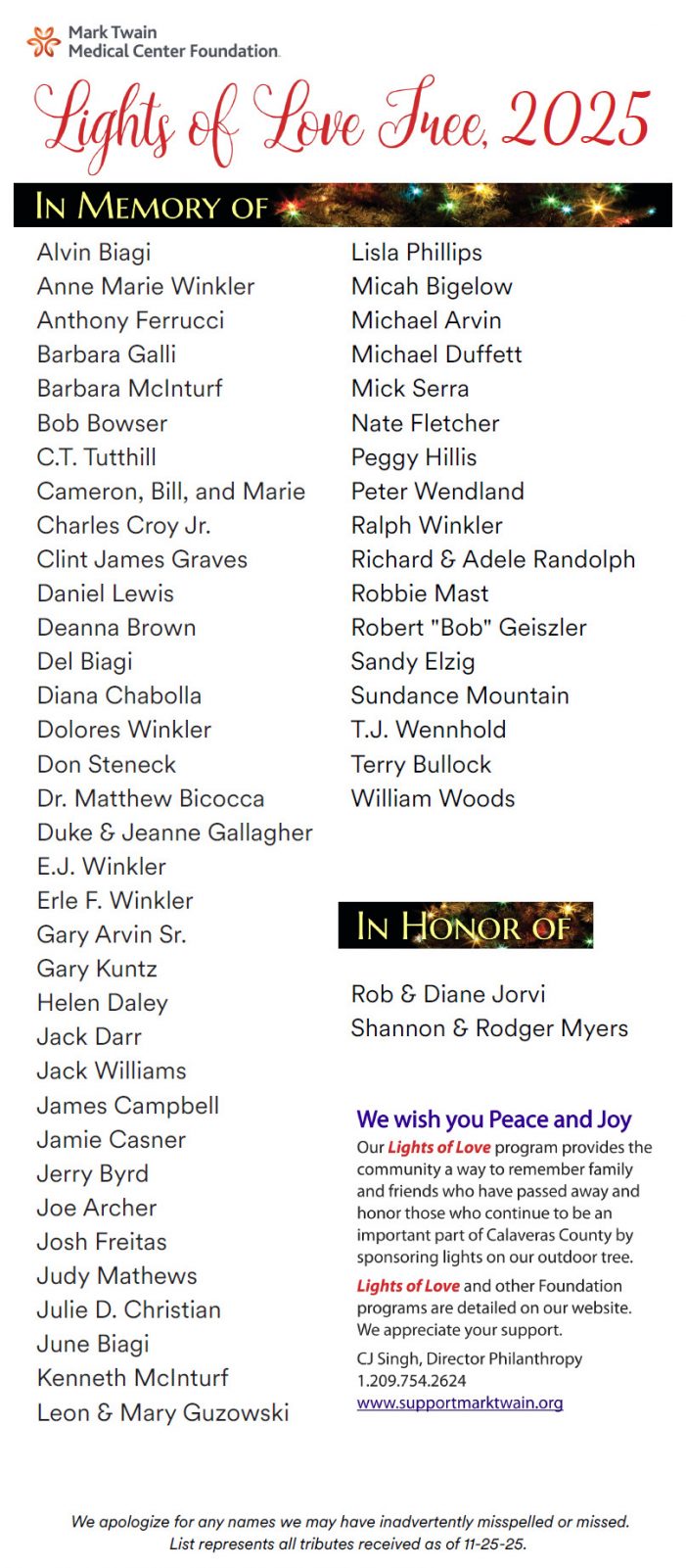 The Mark Twain Medical Center Foundation’s Lights of Love 2025