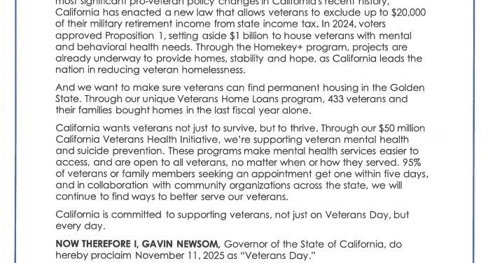 Governor Newsom Proclaims Veterans Day from Brazil