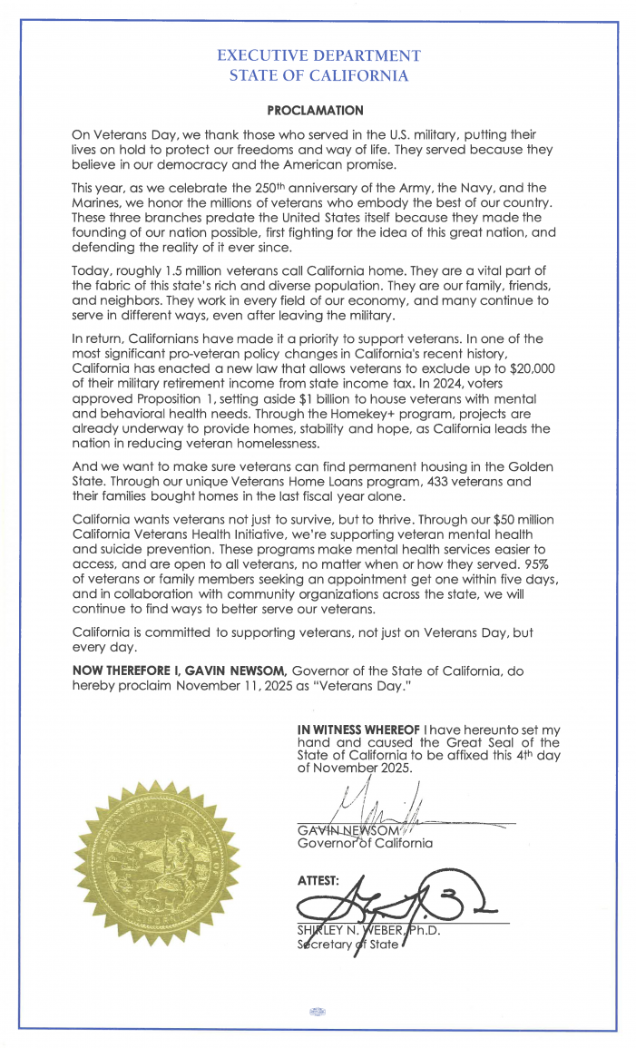 Governor Newsom Proclaims Veterans Day from Brazil