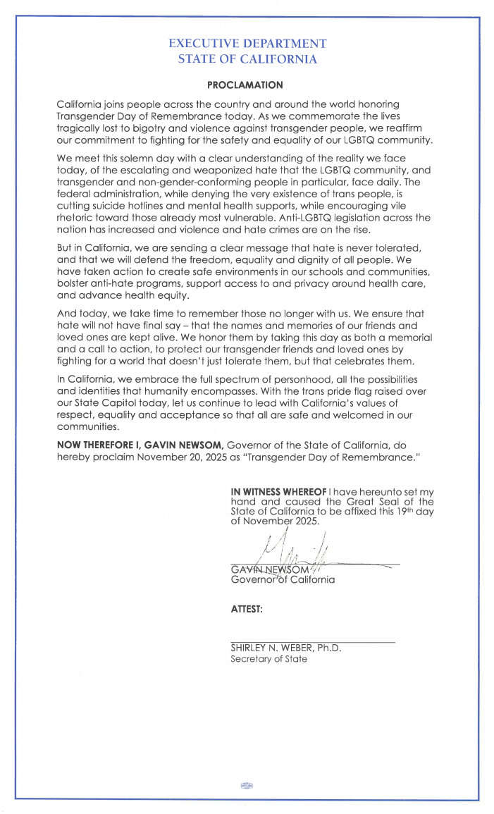 Governor Newsom Proclaims Transgender Day of Remembrance