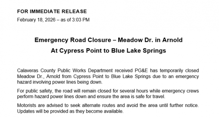 Emergency Road Closure – Meadow Dr. in Arnold