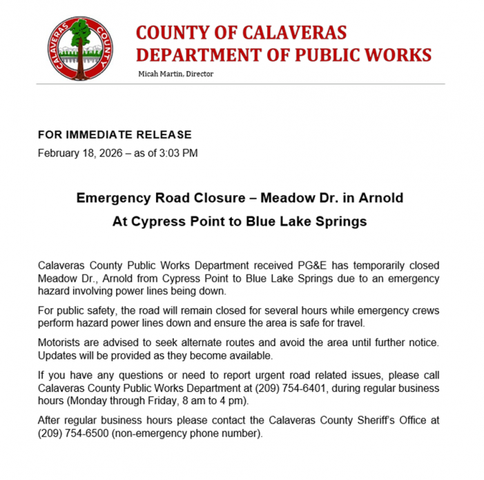 Emergency Road Closure – Meadow Dr. in Arnold