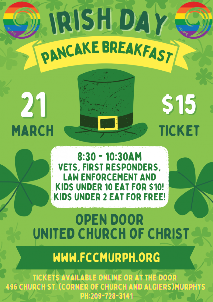 Irish Day Pancake Breakfast March 21 @ 8:30 am – 10:30 am!!