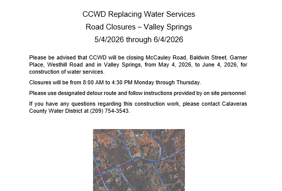 CCWD Replacing Water Services Road Closures – Valley Springs