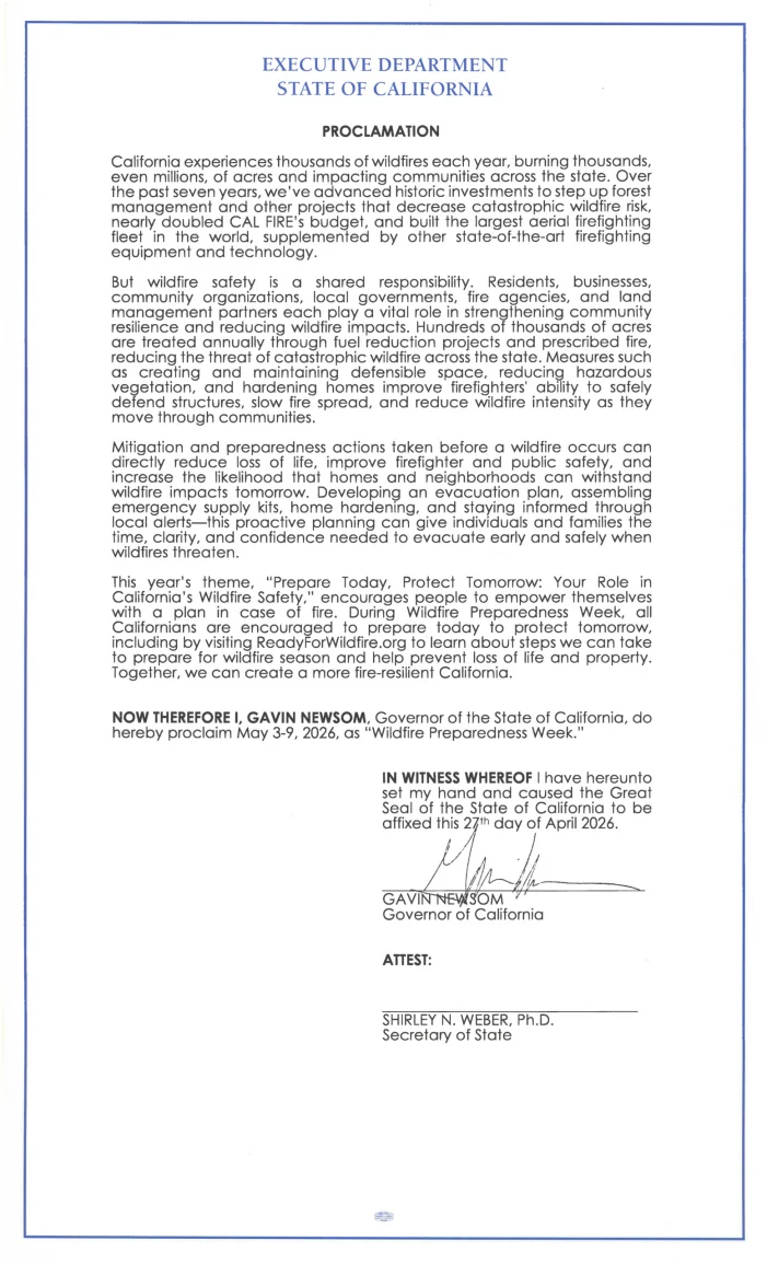Governor Newsom Proclaims Wildfire Preparedness Week as He Says “State Doubles Down on Wildfire Readiness”