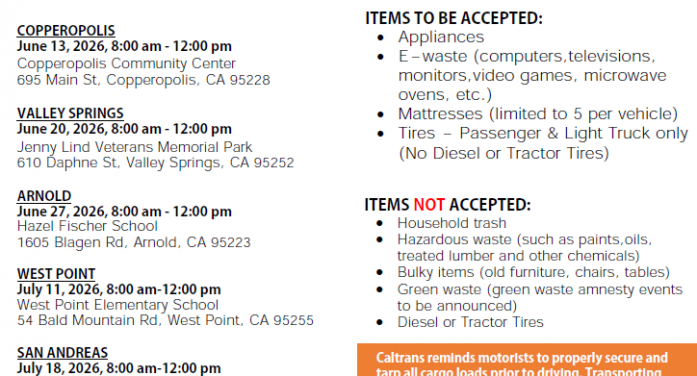 Caltrans District 10, Clean California & Calaveras County Holding Free Recycling Events