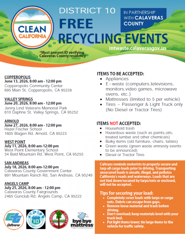 Caltrans District 10, Clean California & Calaveras County Holding Free Recycling Events