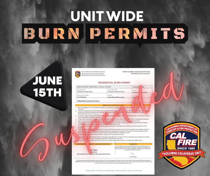 CAL FIRE Suspends Burn Permits in Calaveras, Tuolumne, Eastern San Joaquin, and Eastern Stanislaus Counties