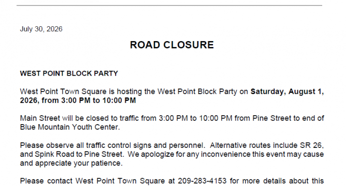 Road Closure for the West Point Block Party