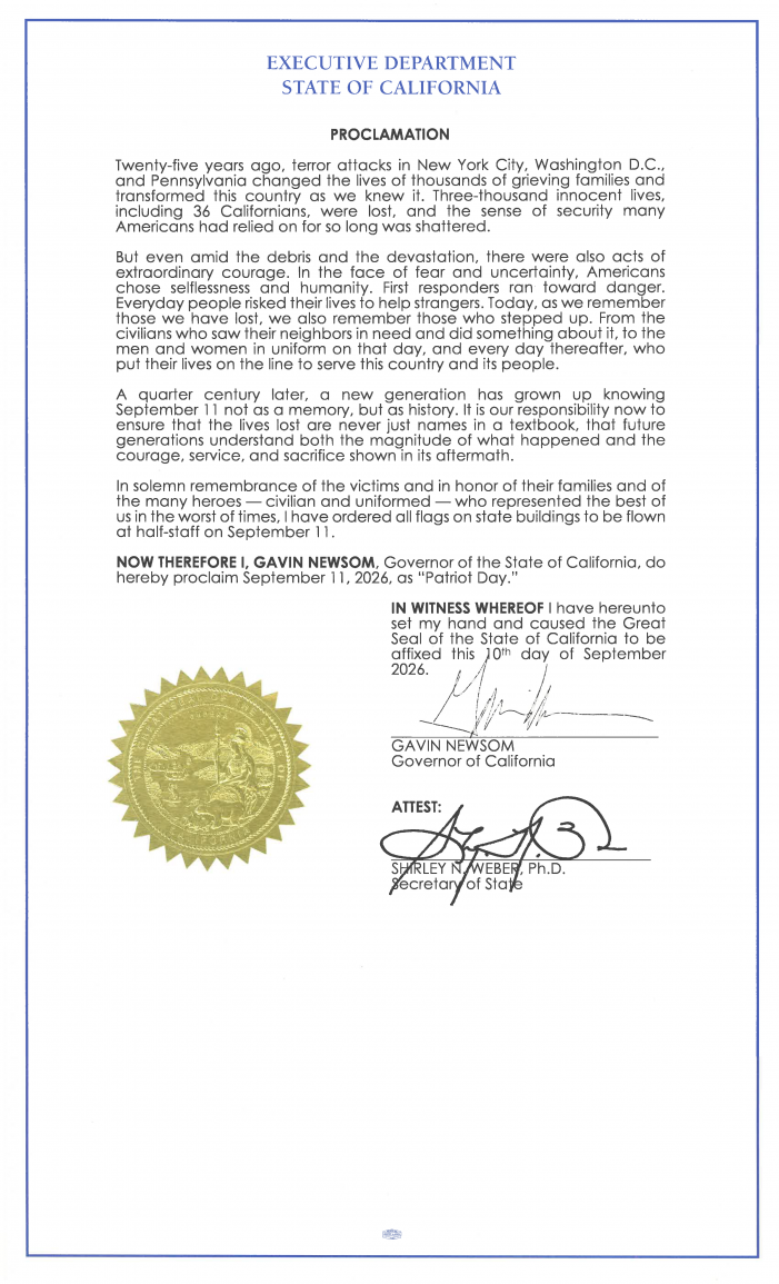 Governor Newsom Proclaims Patriot Day